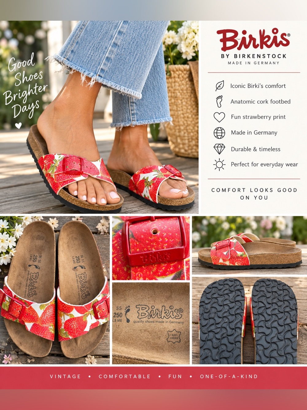 Vintage Birki’s by Birkenstock Strawberry Print Sandals EU 39 US 8 Rare Print